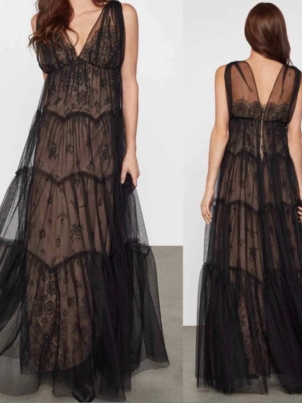 NWT BCBGMaxAzria Black Lace Tulle Maxi Dress Romantic Gothic Boho Cottagecore 0